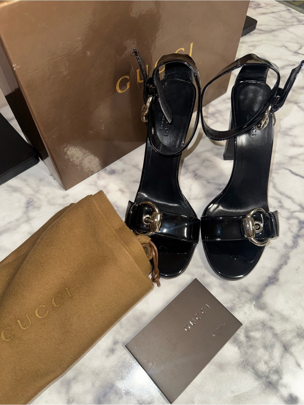 Gucci Black Patent Leather Buckle Ankle-Strap Heels Size 7B